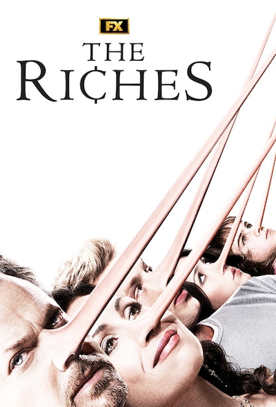 Family of five, with each person's face lined up sporting a long Pinocchio nose for FX's The Riches
