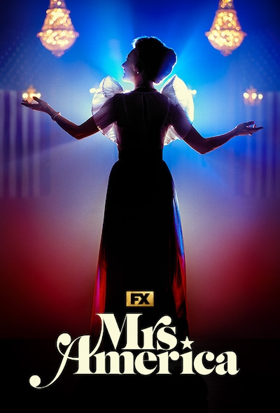 Spotlight shadowed silhouette of Cate Blanchett holding her arms out in a banquet hall with American flags in the background