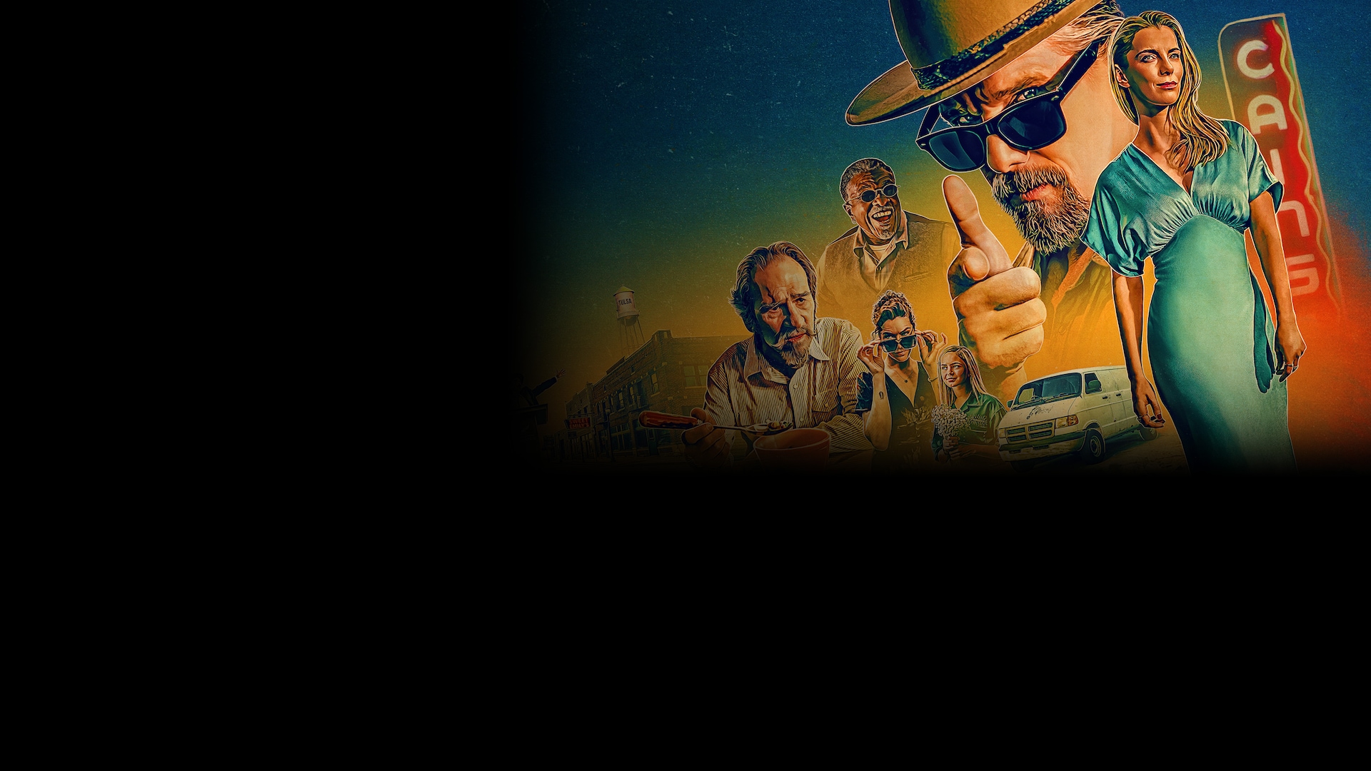 FX's season two cast of The Lowdown animated with Tulsa, a white van and signage in the background.