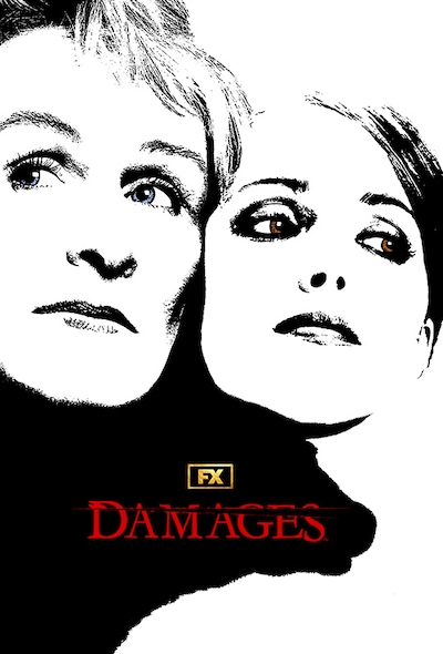 Black and white image of faces of Patty Hewes with blue eyes next to Ellen Parsons with brown eyes