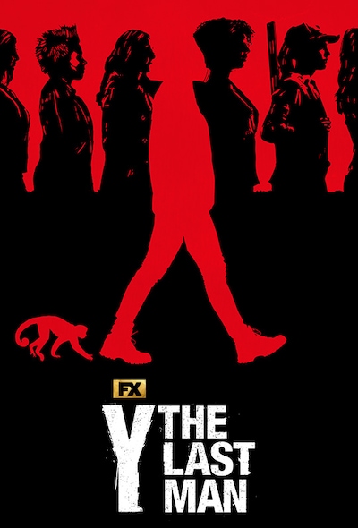 Black drawn figures of women on red background with one red shadow of man in gas mask and chimpanzee for FX's Y: The Last Man