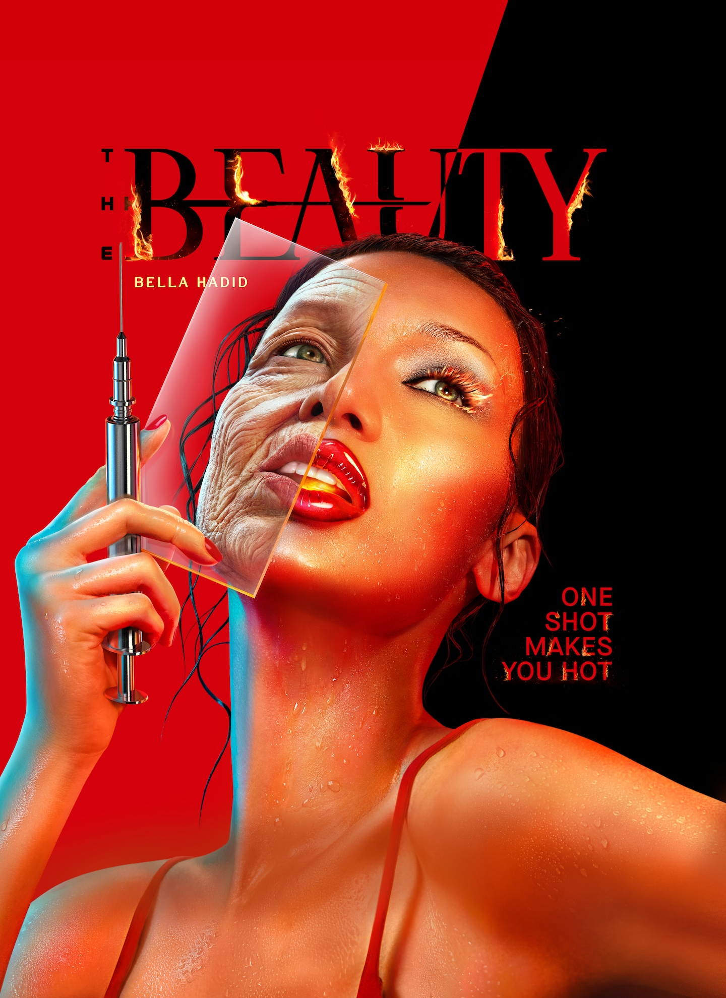 Bella Hadid holding a syringe and glass pane over her face.