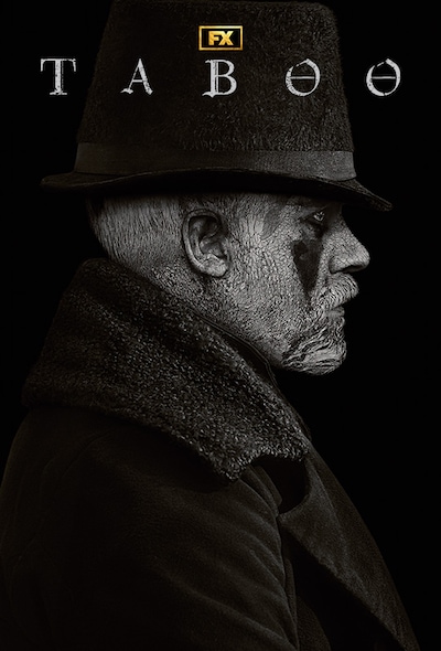 Profile of Tom Hardy with face painted white, reverted black triangles under the eyes, wearing black hat and black wool coat