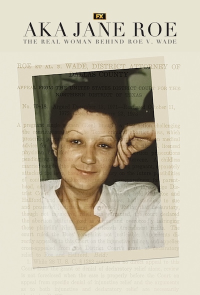 Polaroid image of Norma McCorvey overlay with Roe v Wade court text syllabus behind for FX's AKA Jane Roe