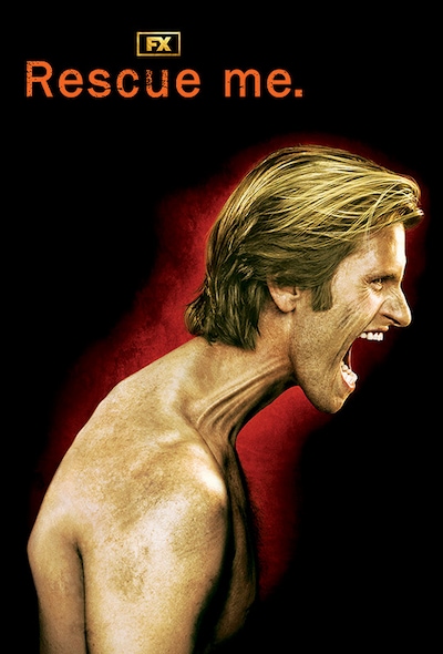 Profile of Denis Leary with mouth wide open and red flames outlining his figure for Rescue Me