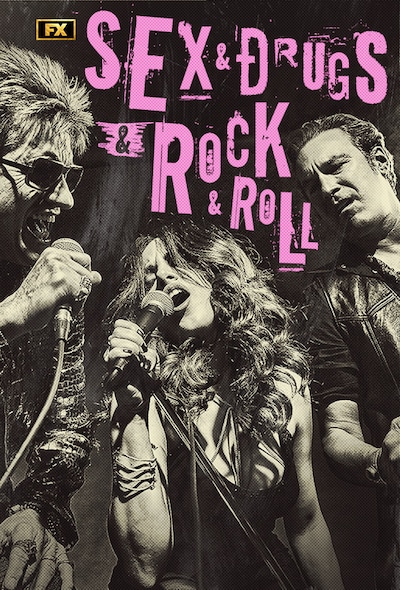Band singing with each other holding microphones in black and white effect for Sex Drugs Rock and Roll