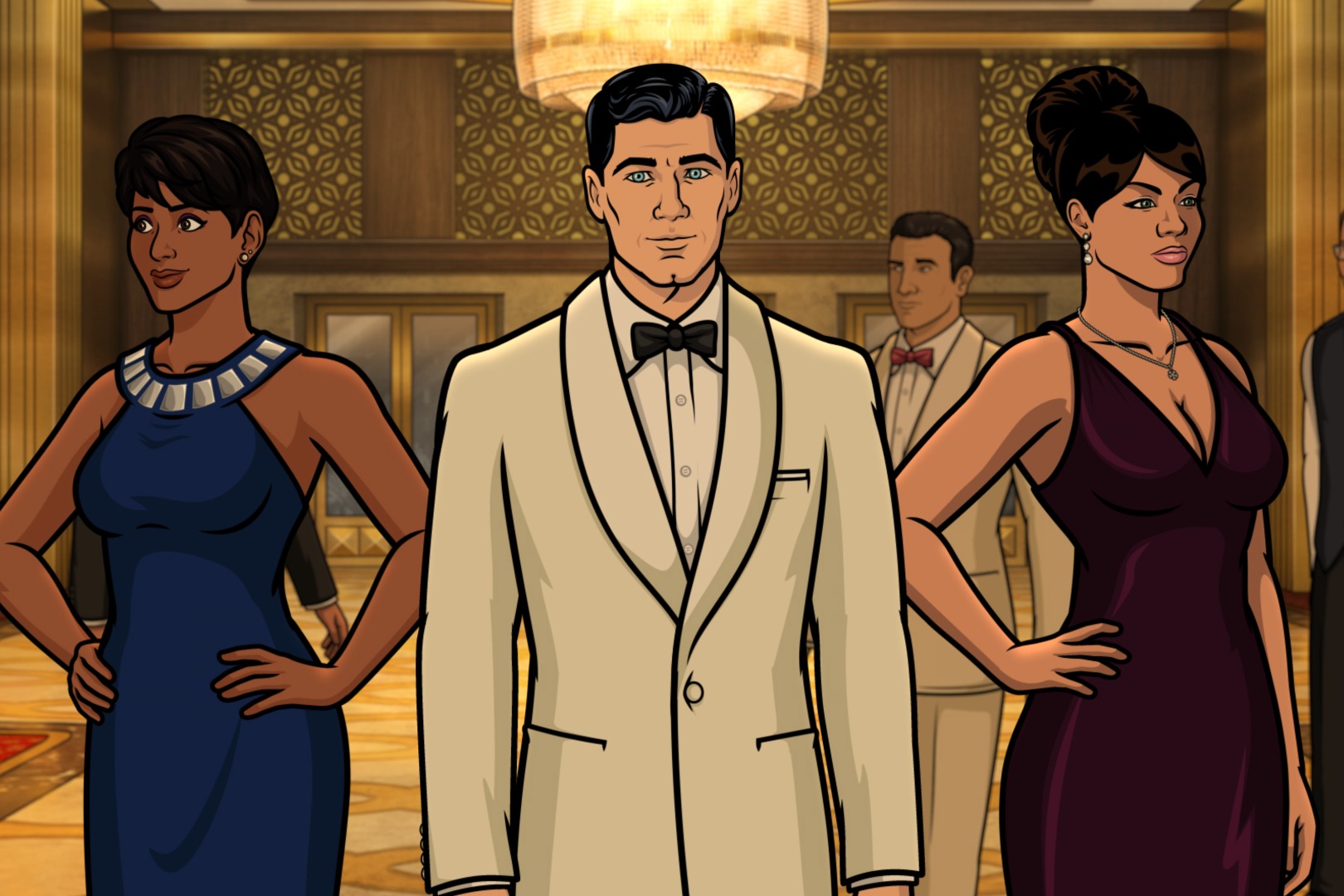 Archer with Lana and Natalie wearing upscale attire in a ballroom