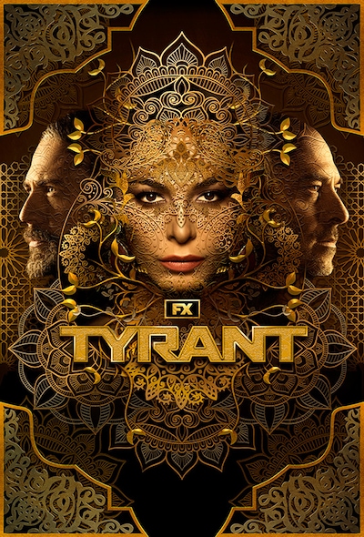 Close up of woman's face with gold colored mandala design that bleeds onto faces of two men on either side for FX's Tyrant