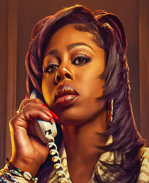 Gail Bean as Wanda Bell in FX's The Drop, holding a wired phone and bright red nails.
