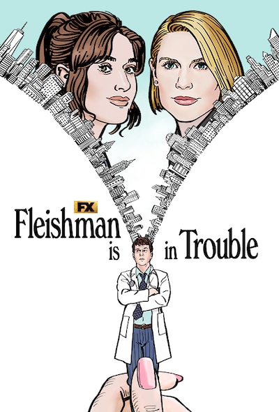 Two faces of women at the top with a cityscape merging into a zipper down the center ending at a man in a doctor's coat