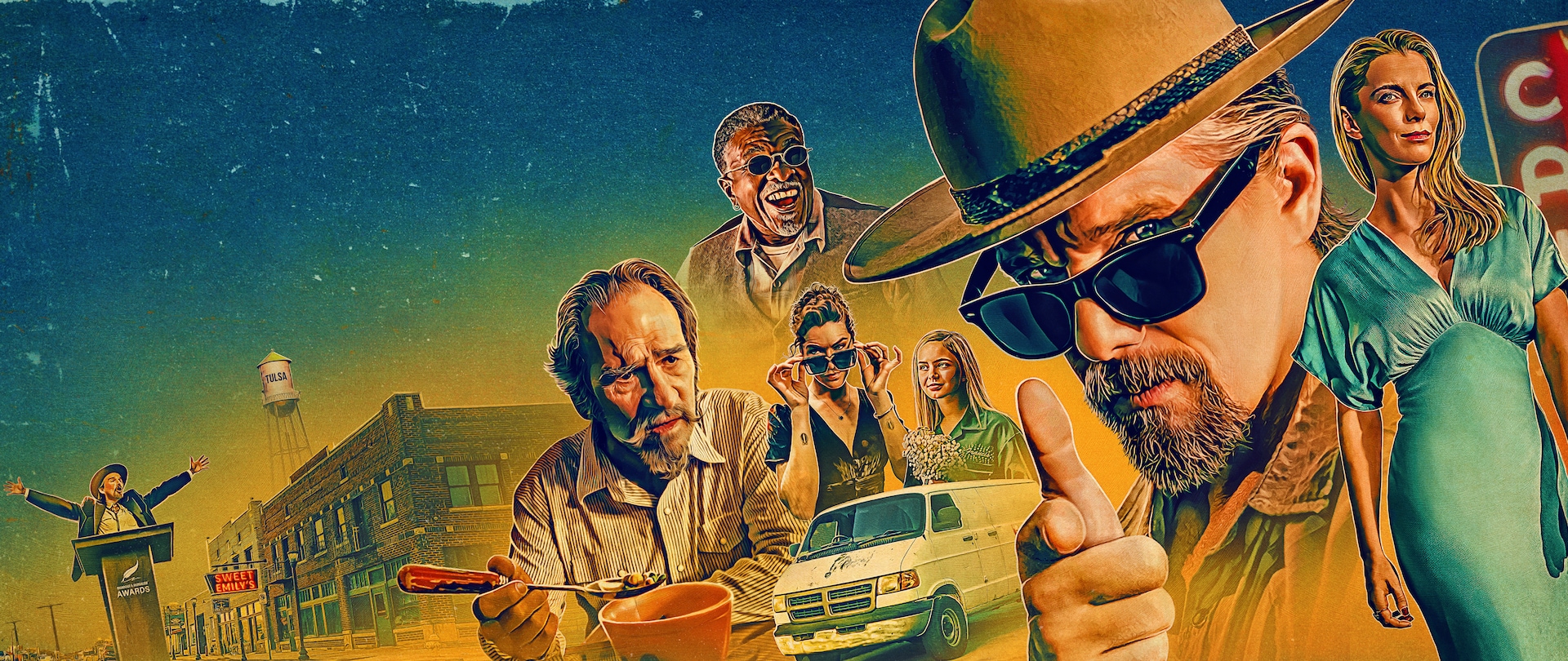 FX's season two cast of The Lowdown animated with Tulsa, a white van and signage in the background.