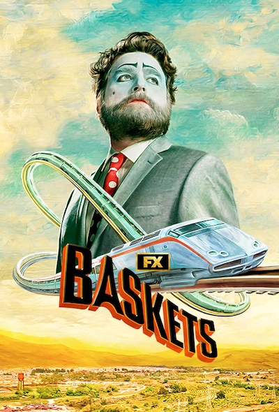 French clown Chip Baskets in a grey suit with Metrorail wrapped around him surrounded by clouds in blue sky above Bakersfield