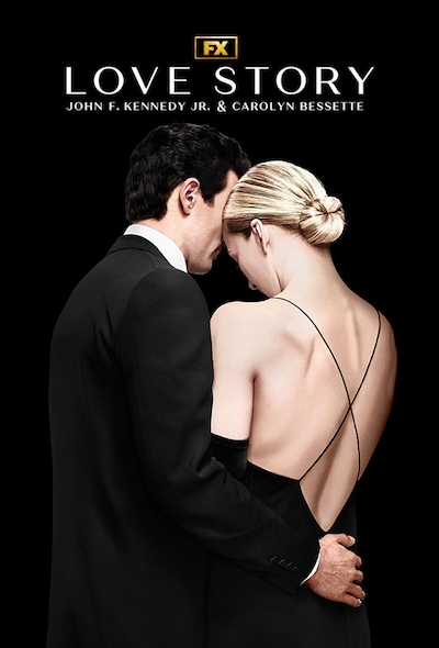 Portrait of the backsides of John F. Kennedy Jr and Carolyn Bessette standing close together in formal attire