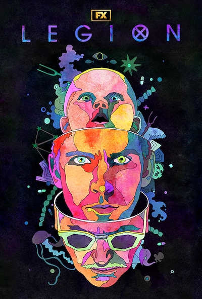 Abstract art of nesting heads ending with David Haller's head in the center, followed by Farouk and then a baby's head