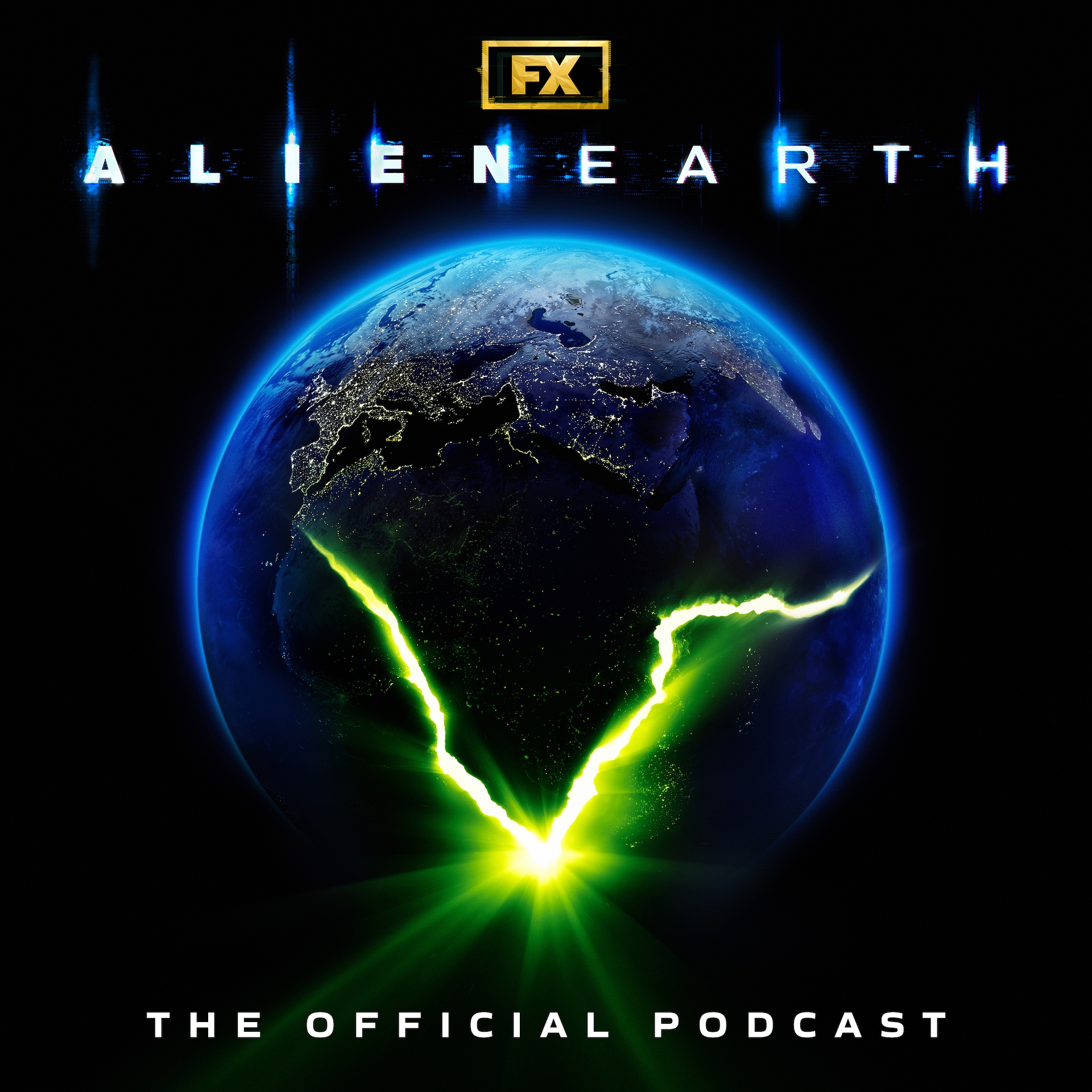 Earth cracking open with a green light coming from within for Alien Earth.