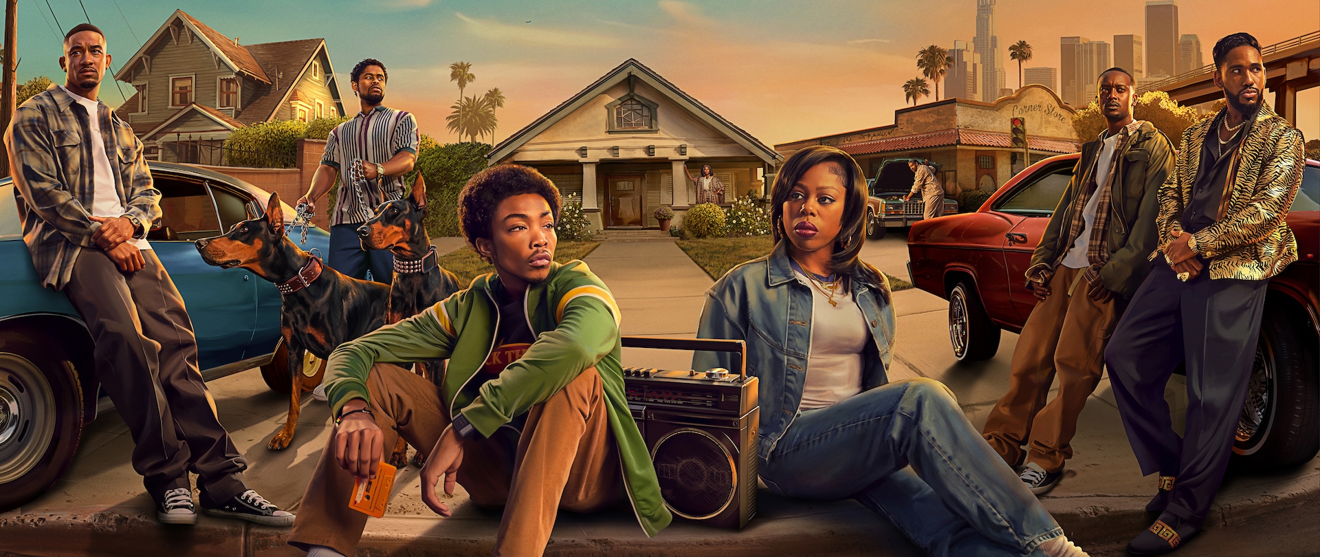 The animated cast of The Drop in front of a boombox, their cars, and homes, with the LA skyline in the background