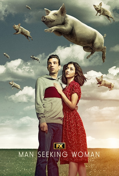 Man and Woman holding each other while pigs fly above them in background in FX's Man Seeking Woman