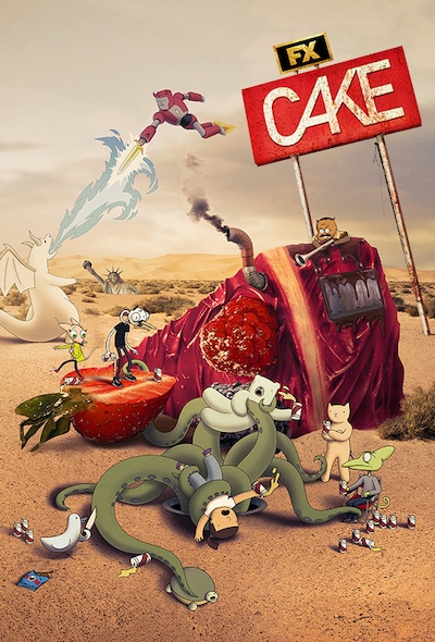 Cartoon cheesecake surrounded by food and monsters fighting in realistic desert setting