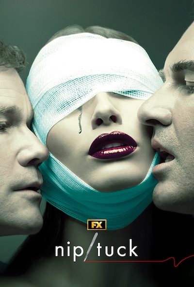Woman in bandage wrapped around her eyes and tear coming down her face next to two men
