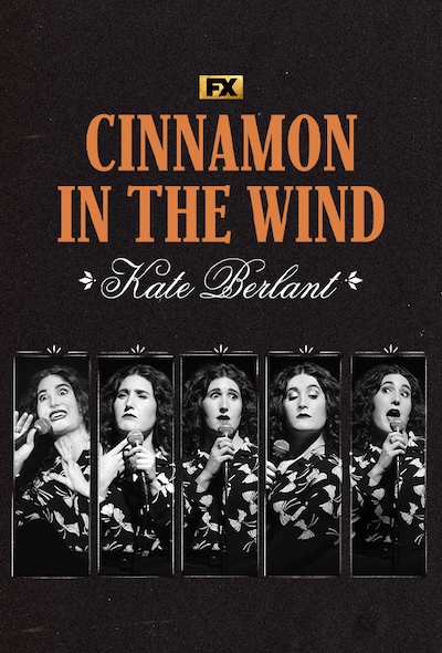 Four black and white panels side by side of comedian Kate Berlant holding a mic making different facial expressions