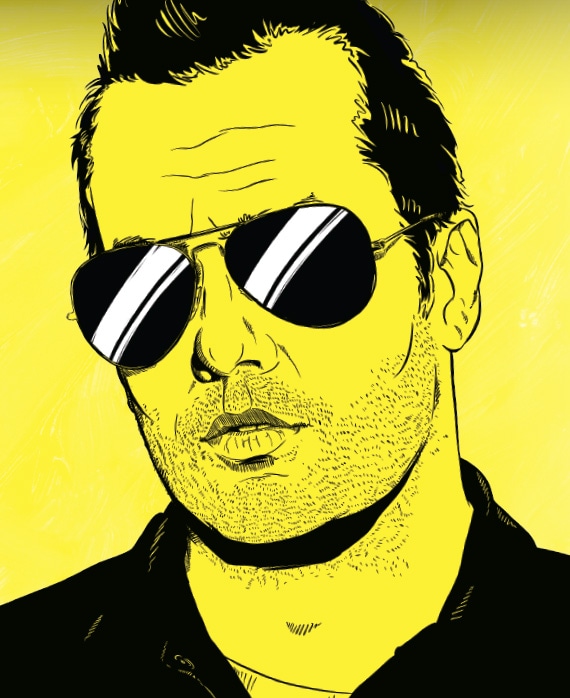 Jim Jefferies drawn in black animated style with aviator sunglasses and black shirt, filled in with neon yellow color
