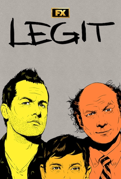 Cast of FX's Legit drawn in black with each person colored in with one color - bright yellow, dark orange and light orange