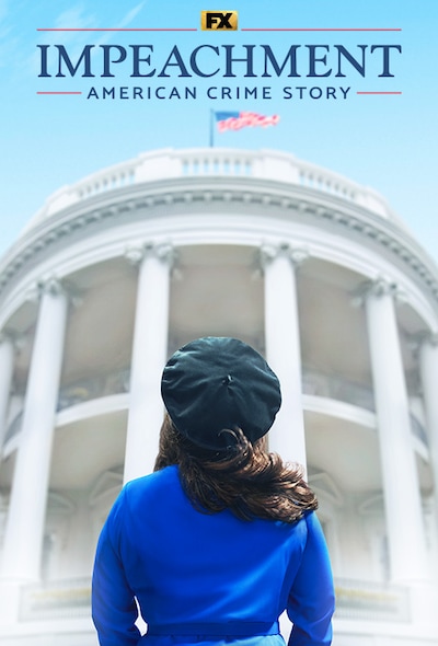 Back of actress playing Monica Lewinsky facing the White House's Blue Room exterior for FX's American Crime Story:Impeachment