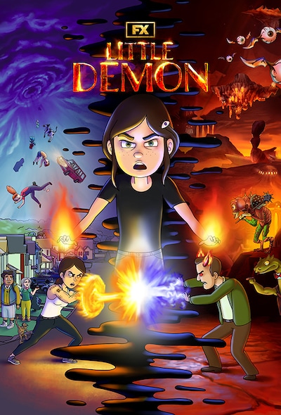 Apocalyptic animation of girl in the center of a tattooed woman on one side in a suburb and man with devil horns on the right