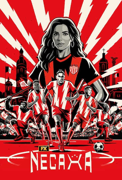 Eva Longoria drawn above the players of Club Necaxa running on the pitch surrounded by white lightening bolts.
