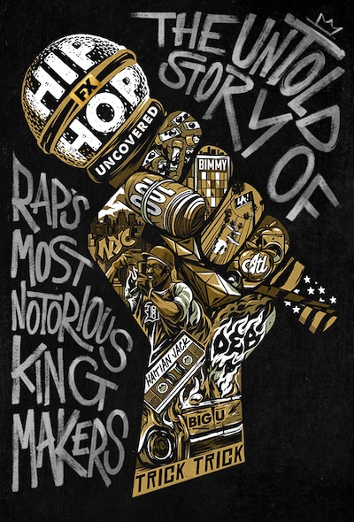 Hand holding mic, with hand containing various artist's names, scenes from ALT, LA, and NY for FX's Hip Hop Uncovered