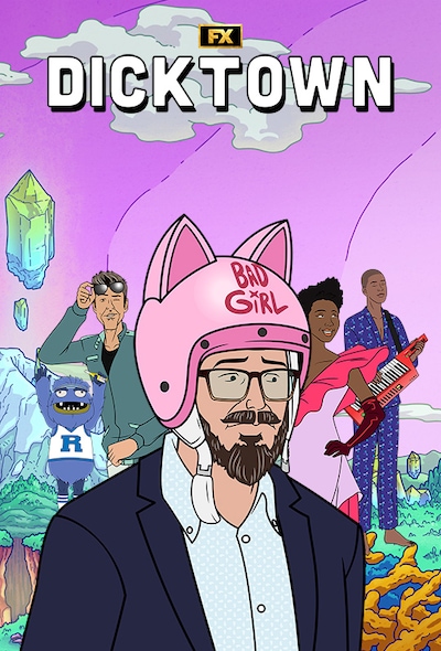 John Hunchman wearing a pink cat-eared helmet and blue suit in the foreground with animated characters on a hill in a fantasy