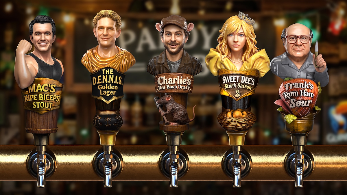 The cast of It's Always Sunny in Philadelphia as beer tap handles of their own unique brews at Paddy's Pub