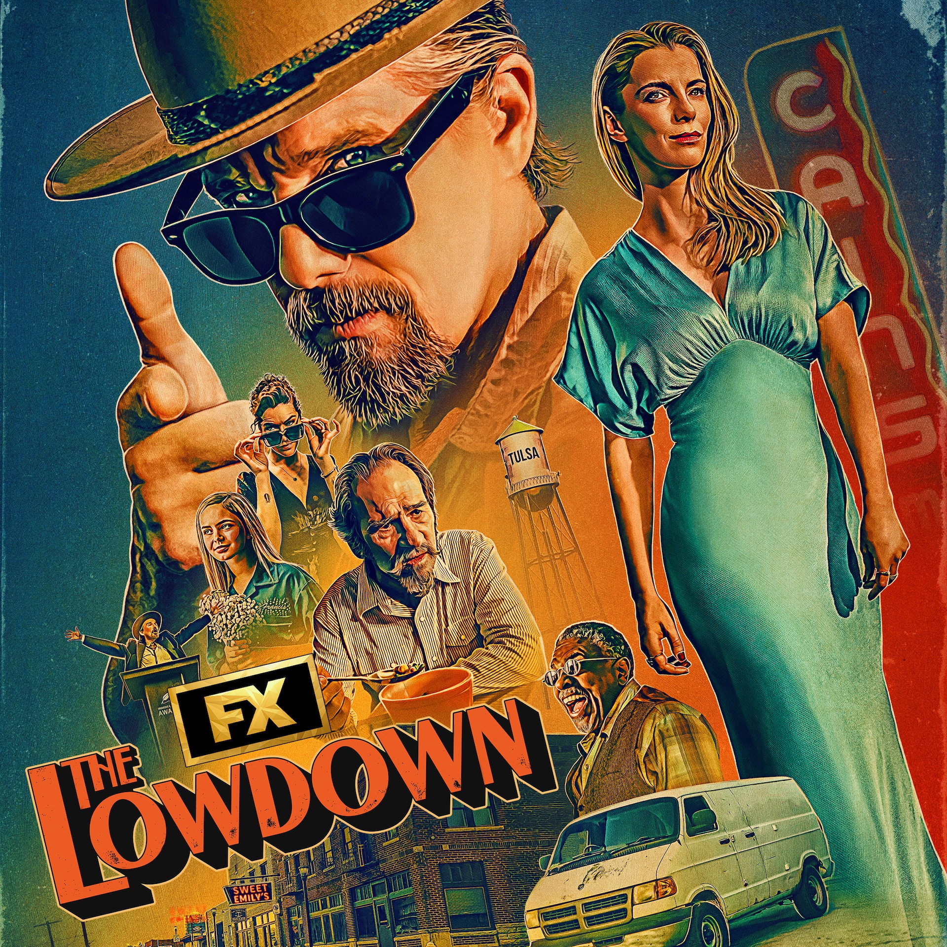 FX's season two cast of The Lowdown animated with Tulsa, a white van and signage in the background.