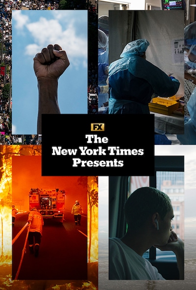 Collage of various images depicting COVID, wildfires, riots, and a pop star for FX's The New York Times Presents