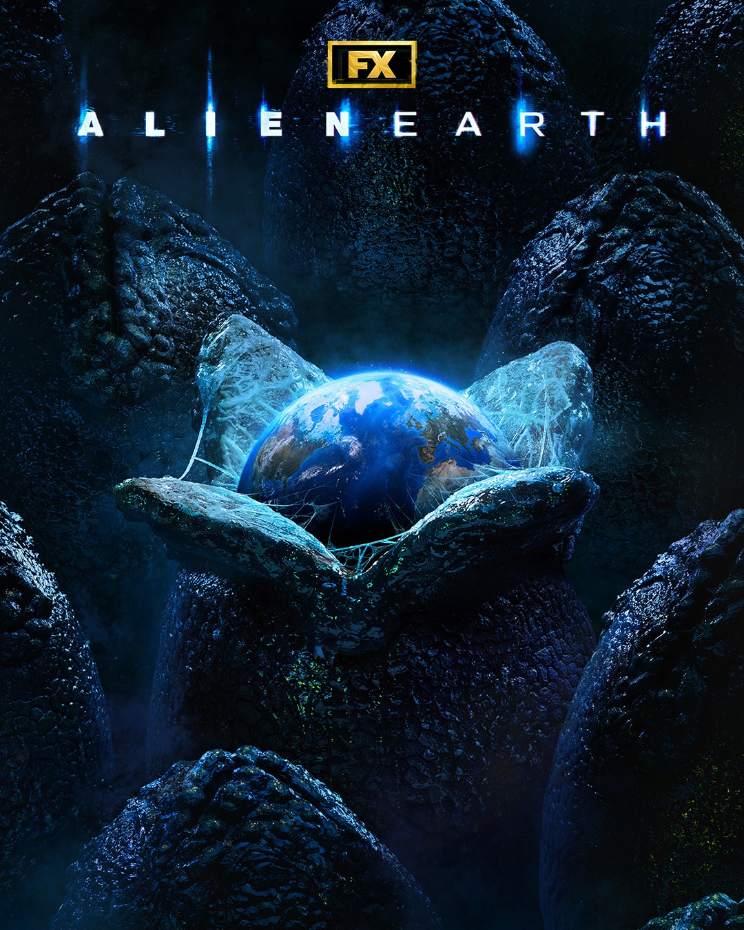 Alien egg cracking open with a blue glow.