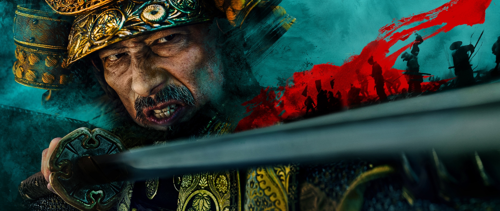 Lord Toranaga grimacing as he stares down the blade of his katana